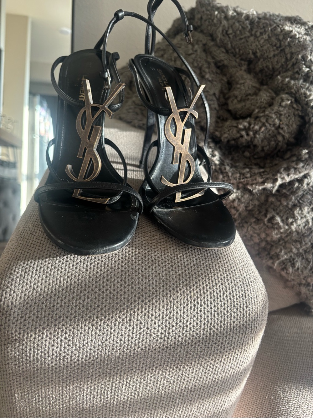 Saint Laurent Black Sandal Heels with Gold YSL Monogram